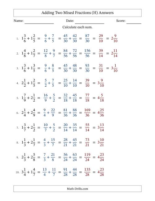 The Adding Two Mixed Fractions with Unlike Denominators, Mixed Fractions Results and Some Simplifying (Fillable) (H) Math Worksheet Page 2