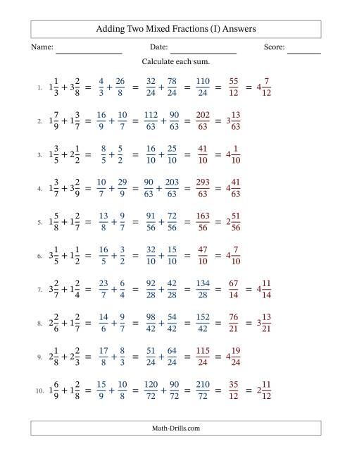 The Adding Two Mixed Fractions with Unlike Denominators, Mixed Fractions Results and Some Simplifying (Fillable) (I) Math Worksheet Page 2