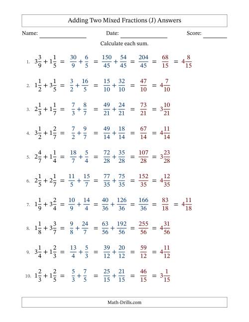 The Adding Two Mixed Fractions with Unlike Denominators, Mixed Fractions Results and Some Simplifying (Fillable) (J) Math Worksheet Page 2