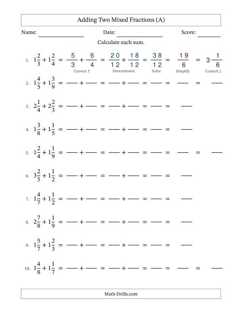 The Adding Two Mixed Fractions with Unlike Denominators, Mixed Fractions Results and Some Simplifying (Fillable) (All) Math Worksheet