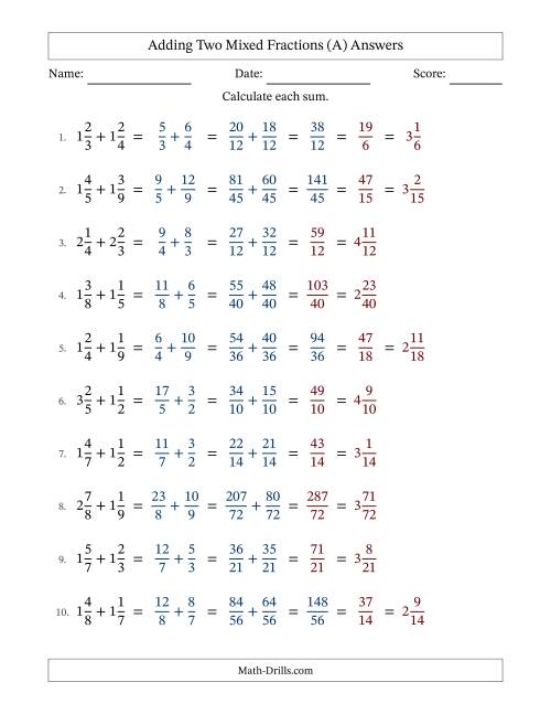 The Adding Two Mixed Fractions with Unlike Denominators, Mixed Fractions Results and Some Simplifying (Fillable) (All) Math Worksheet Page 2