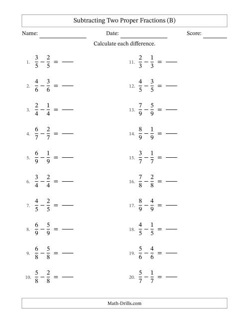 The Subtracting Two Proper Fractions with Equal Denominators, Proper Fractions Results and No Simplifying (Fillable) (B) Math Worksheet