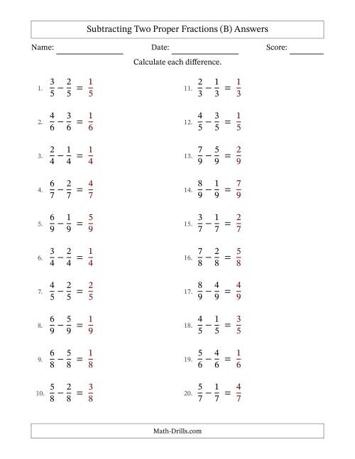 The Subtracting Two Proper Fractions with Equal Denominators, Proper Fractions Results and No Simplifying (Fillable) (B) Math Worksheet Page 2