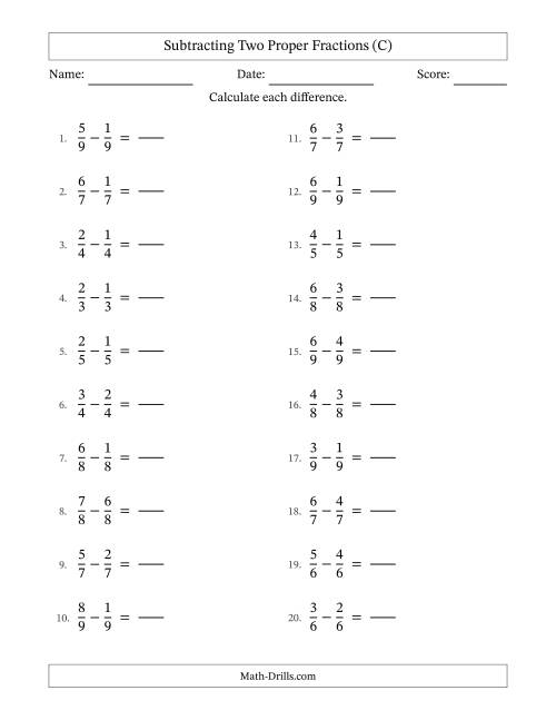 The Subtracting Two Proper Fractions with Equal Denominators, Proper Fractions Results and No Simplifying (Fillable) (C) Math Worksheet