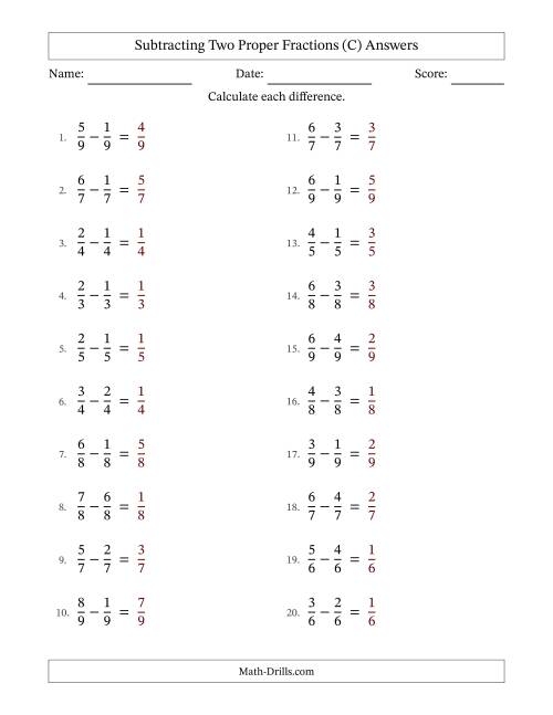 The Subtracting Two Proper Fractions with Equal Denominators, Proper Fractions Results and No Simplifying (Fillable) (C) Math Worksheet Page 2