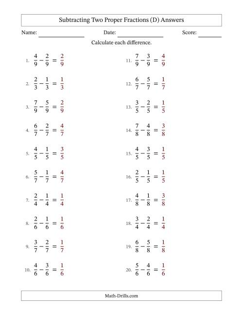 The Subtracting Two Proper Fractions with Equal Denominators, Proper Fractions Results and No Simplifying (Fillable) (D) Math Worksheet Page 2