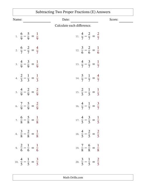 The Subtracting Two Proper Fractions with Equal Denominators, Proper Fractions Results and No Simplifying (Fillable) (E) Math Worksheet Page 2
