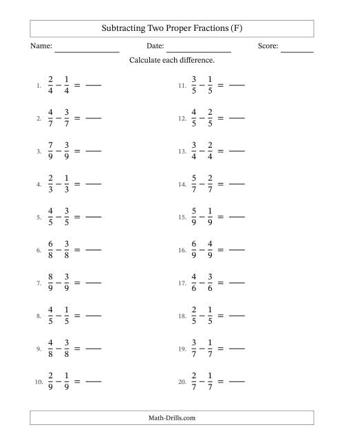 The Subtracting Two Proper Fractions with Equal Denominators, Proper Fractions Results and No Simplifying (Fillable) (F) Math Worksheet