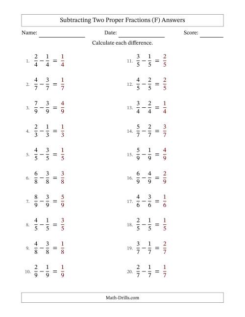 The Subtracting Two Proper Fractions with Equal Denominators, Proper Fractions Results and No Simplifying (Fillable) (F) Math Worksheet Page 2