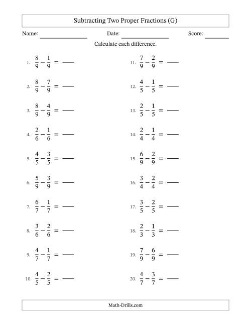 The Subtracting Two Proper Fractions with Equal Denominators, Proper Fractions Results and No Simplifying (Fillable) (G) Math Worksheet