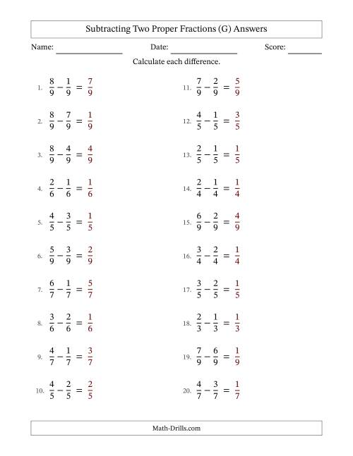 The Subtracting Two Proper Fractions with Equal Denominators, Proper Fractions Results and No Simplifying (Fillable) (G) Math Worksheet Page 2