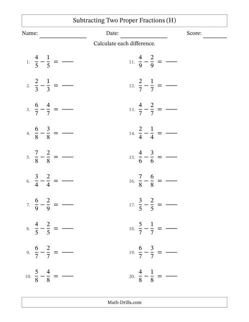 The Subtracting Two Proper Fractions with Equal Denominators, Proper Fractions Results and No Simplifying (Fillable) (H) Math Worksheet