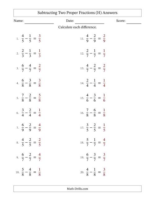 The Subtracting Two Proper Fractions with Equal Denominators, Proper Fractions Results and No Simplifying (Fillable) (H) Math Worksheet Page 2