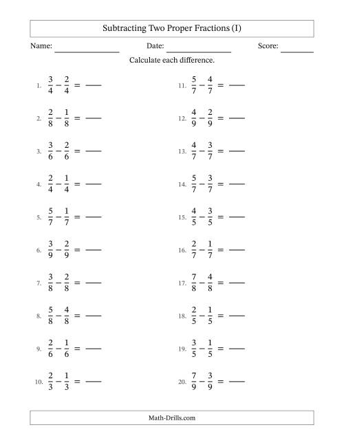 The Subtracting Two Proper Fractions with Equal Denominators, Proper Fractions Results and No Simplifying (Fillable) (I) Math Worksheet