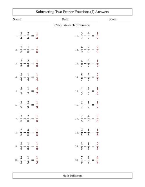 The Subtracting Two Proper Fractions with Equal Denominators, Proper Fractions Results and No Simplifying (Fillable) (I) Math Worksheet Page 2