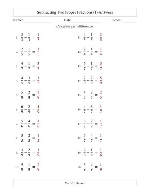 The Subtracting Two Proper Fractions with Equal Denominators, Proper Fractions Results and No Simplifying (Fillable) (J) Math Worksheet Page 2