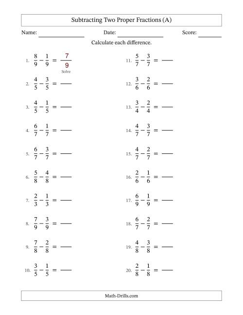 The Subtracting Two Proper Fractions with Equal Denominators, Proper Fractions Results and No Simplifying (Fillable) (All) Math Worksheet