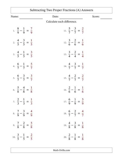 The Subtracting Two Proper Fractions with Equal Denominators, Proper Fractions Results and No Simplifying (Fillable) (All) Math Worksheet Page 2