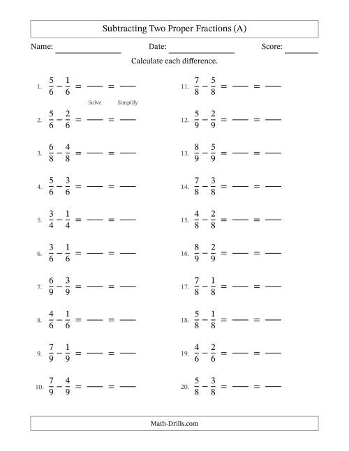 The Subtracting Two Proper Fractions with Equal Denominators, Proper Fractions Results and All Simplifying (Fillable) (A) Math Worksheet