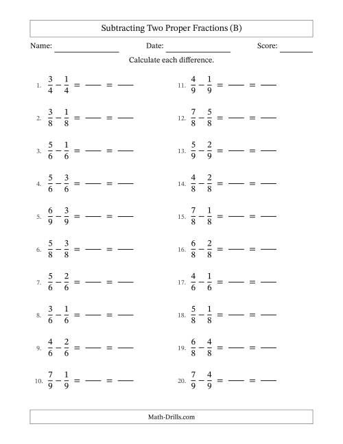 The Subtracting Two Proper Fractions with Equal Denominators, Proper Fractions Results and All Simplifying (Fillable) (B) Math Worksheet