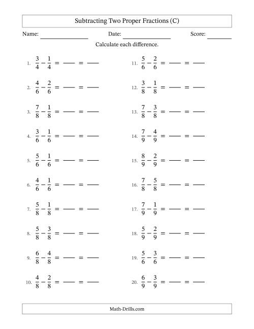 The Subtracting Two Proper Fractions with Equal Denominators, Proper Fractions Results and All Simplifying (Fillable) (C) Math Worksheet