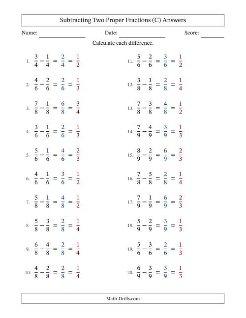 The Subtracting Two Proper Fractions with Equal Denominators, Proper Fractions Results and All Simplifying (Fillable) (C) Math Worksheet Page 2