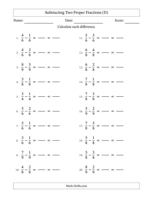 The Subtracting Two Proper Fractions with Equal Denominators, Proper Fractions Results and All Simplifying (Fillable) (D) Math Worksheet