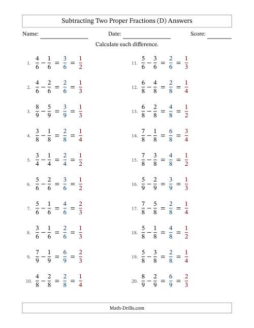 The Subtracting Two Proper Fractions with Equal Denominators, Proper Fractions Results and All Simplifying (Fillable) (D) Math Worksheet Page 2