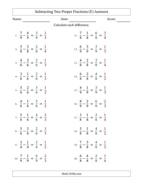 The Subtracting Two Proper Fractions with Equal Denominators, Proper Fractions Results and All Simplifying (Fillable) (E) Math Worksheet Page 2