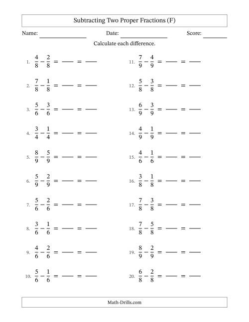 The Subtracting Two Proper Fractions with Equal Denominators, Proper Fractions Results and All Simplifying (Fillable) (F) Math Worksheet