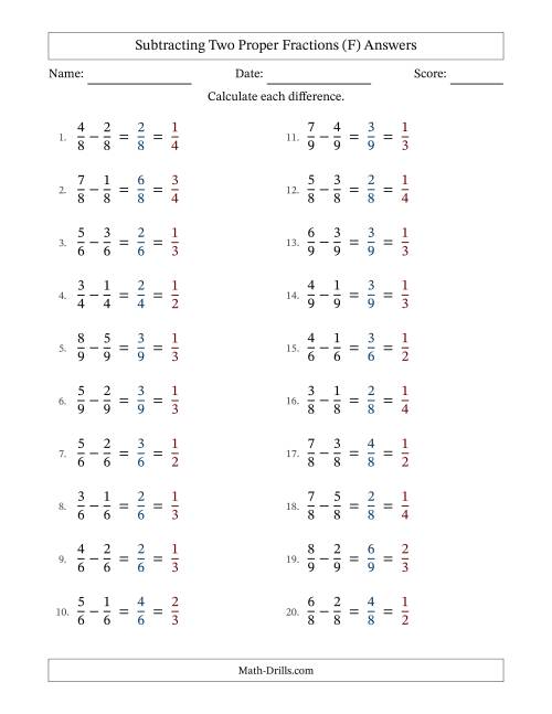 The Subtracting Two Proper Fractions with Equal Denominators, Proper Fractions Results and All Simplifying (Fillable) (F) Math Worksheet Page 2