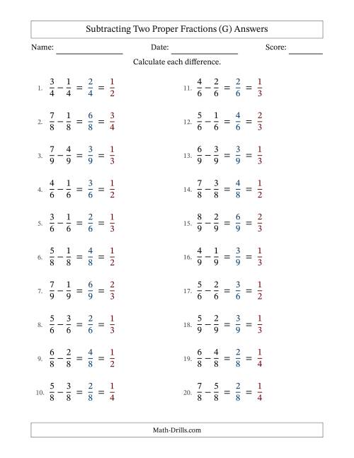 The Subtracting Two Proper Fractions with Equal Denominators, Proper Fractions Results and All Simplifying (Fillable) (G) Math Worksheet Page 2