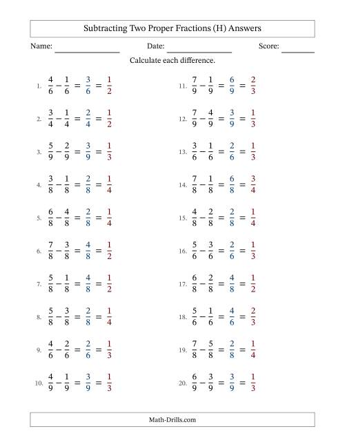 The Subtracting Two Proper Fractions with Equal Denominators, Proper Fractions Results and All Simplifying (Fillable) (H) Math Worksheet Page 2