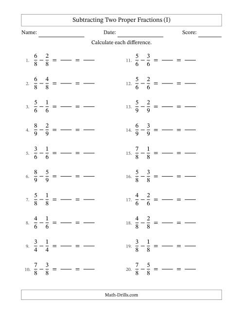 The Subtracting Two Proper Fractions with Equal Denominators, Proper Fractions Results and All Simplifying (Fillable) (I) Math Worksheet