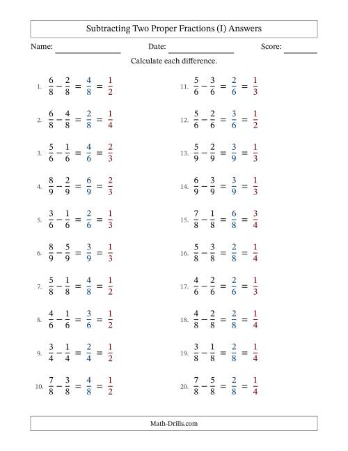 The Subtracting Two Proper Fractions with Equal Denominators, Proper Fractions Results and All Simplifying (Fillable) (I) Math Worksheet Page 2