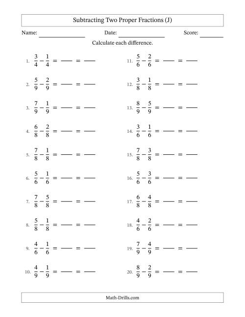 The Subtracting Two Proper Fractions with Equal Denominators, Proper Fractions Results and All Simplifying (Fillable) (J) Math Worksheet