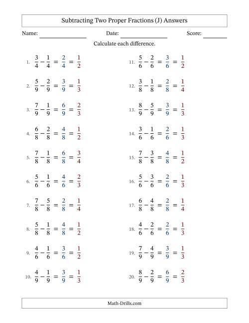 The Subtracting Two Proper Fractions with Equal Denominators, Proper Fractions Results and All Simplifying (Fillable) (J) Math Worksheet Page 2