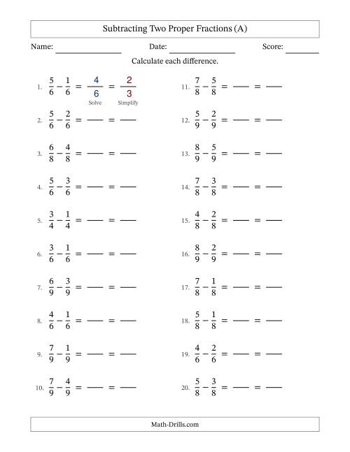 The Subtracting Two Proper Fractions with Equal Denominators, Proper Fractions Results and All Simplifying (Fillable) (All) Math Worksheet