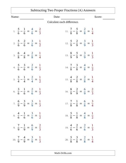 The Subtracting Two Proper Fractions with Equal Denominators, Proper Fractions Results and All Simplifying (Fillable) (All) Math Worksheet Page 2