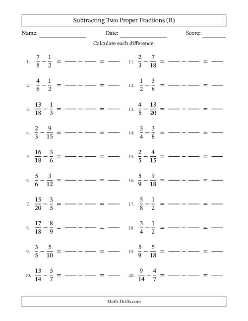The Subtracting Two Proper Fractions with Similar Denominators, Proper Fractions Results and No Simplifying (Fillable) (B) Math Worksheet