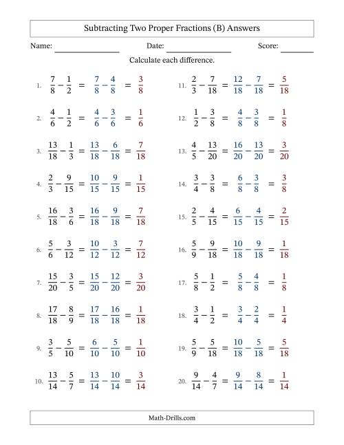 The Subtracting Two Proper Fractions with Similar Denominators, Proper Fractions Results and No Simplifying (Fillable) (B) Math Worksheet Page 2