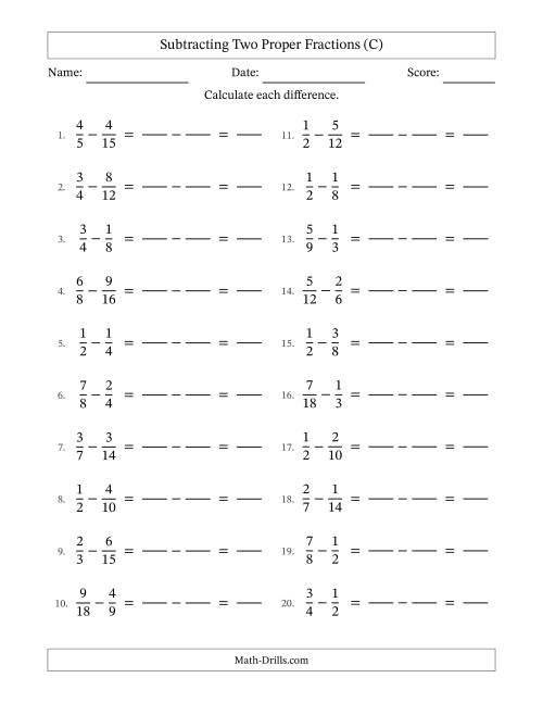 The Subtracting Two Proper Fractions with Similar Denominators, Proper Fractions Results and No Simplifying (Fillable) (C) Math Worksheet
