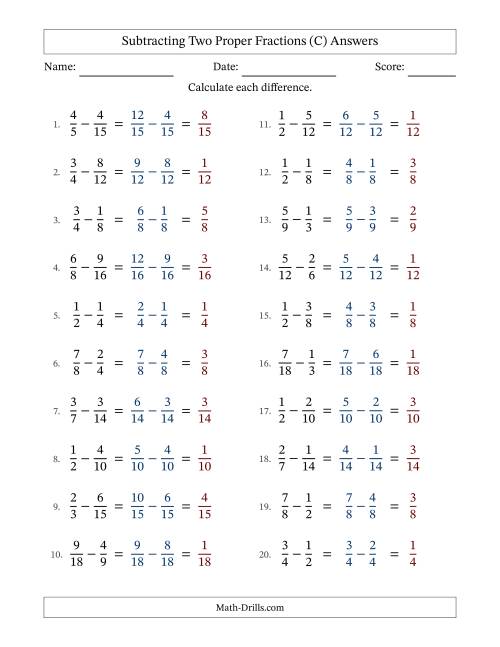 The Subtracting Two Proper Fractions with Similar Denominators, Proper Fractions Results and No Simplifying (Fillable) (C) Math Worksheet Page 2
