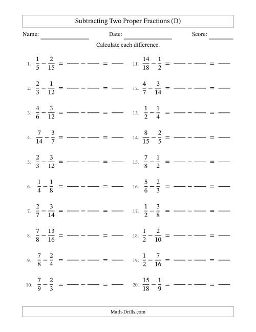 The Subtracting Two Proper Fractions with Similar Denominators, Proper Fractions Results and No Simplifying (Fillable) (D) Math Worksheet