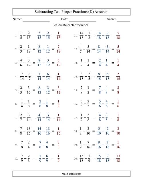 The Subtracting Two Proper Fractions with Similar Denominators, Proper Fractions Results and No Simplifying (Fillable) (D) Math Worksheet Page 2