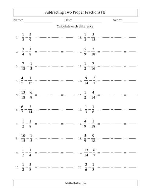 The Subtracting Two Proper Fractions with Similar Denominators, Proper Fractions Results and No Simplifying (Fillable) (E) Math Worksheet