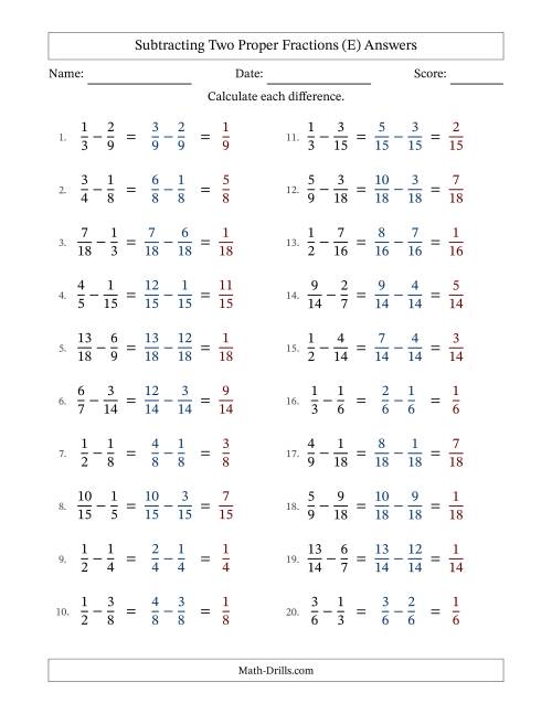 The Subtracting Two Proper Fractions with Similar Denominators, Proper Fractions Results and No Simplifying (Fillable) (E) Math Worksheet Page 2