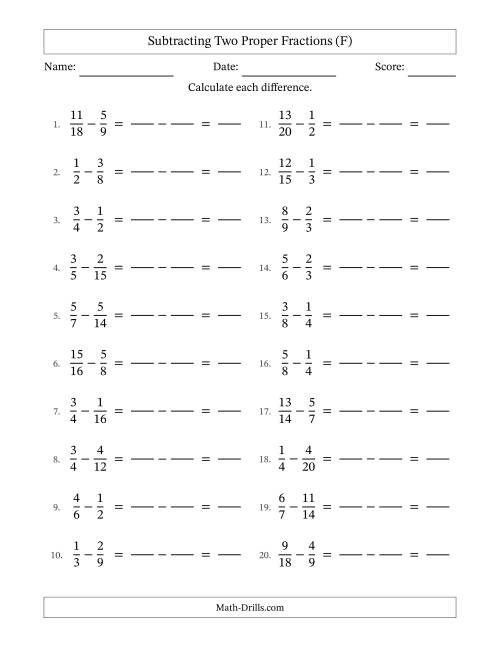 The Subtracting Two Proper Fractions with Similar Denominators, Proper Fractions Results and No Simplifying (Fillable) (F) Math Worksheet