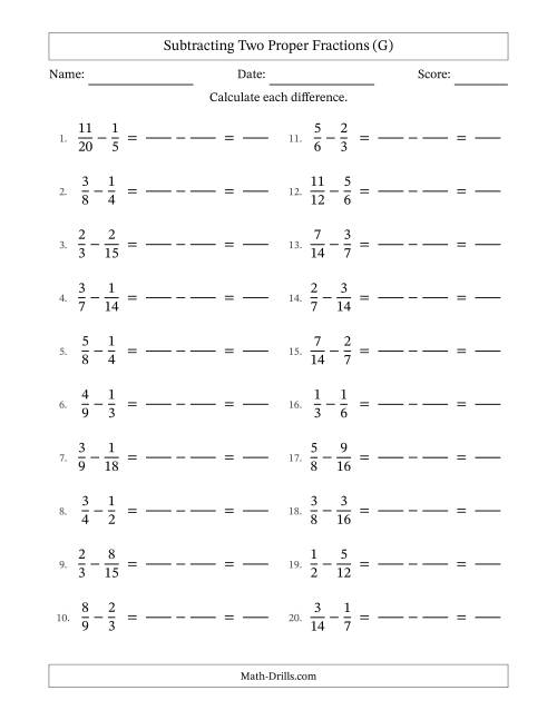 The Subtracting Two Proper Fractions with Similar Denominators, Proper Fractions Results and No Simplifying (Fillable) (G) Math Worksheet
