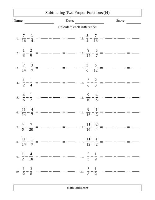 The Subtracting Two Proper Fractions with Similar Denominators, Proper Fractions Results and No Simplifying (Fillable) (H) Math Worksheet